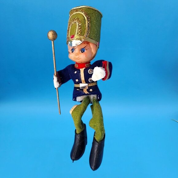 Vintage 1950s Elf Toy Soldier Ornament • Blue Red Green Felt with Velvet Gold Tr - Picture 6 of 10